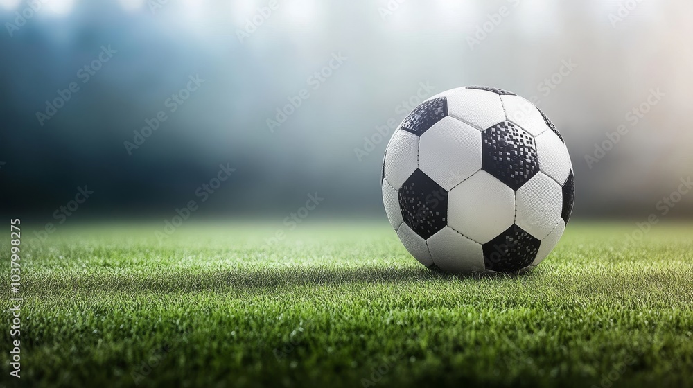 Fototapeta premium A close-up of a soccer ball on grassy terrain, showcasing a serene sports environment.