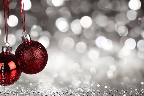  Two red ornaments dangle from a silver string against a backdrop of silver and glitter, framed by a halo of twinkling Christmas lights photo