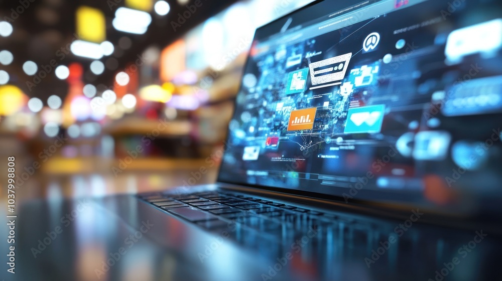 A laptop displaying digital connections and icons in a vibrant, blurred environment. A laptop displaying digital connections and icons in a vibrant, blurred environment.