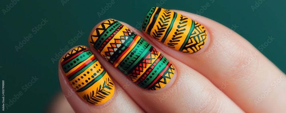 Vibrant nail art featuring intricate patterns in green, yellow, and red, showcasing a creative and artistic manicure design. Vibrant nail art featuring intricate patterns in green, yellow, and red, showcasing a creative and artistic manicure design.