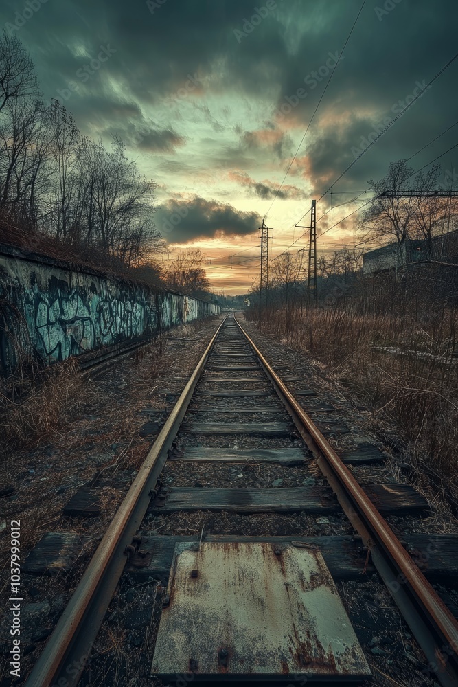 Fototapeta premium A train track adorned with graffiti, backdrop of cloud-filled sky