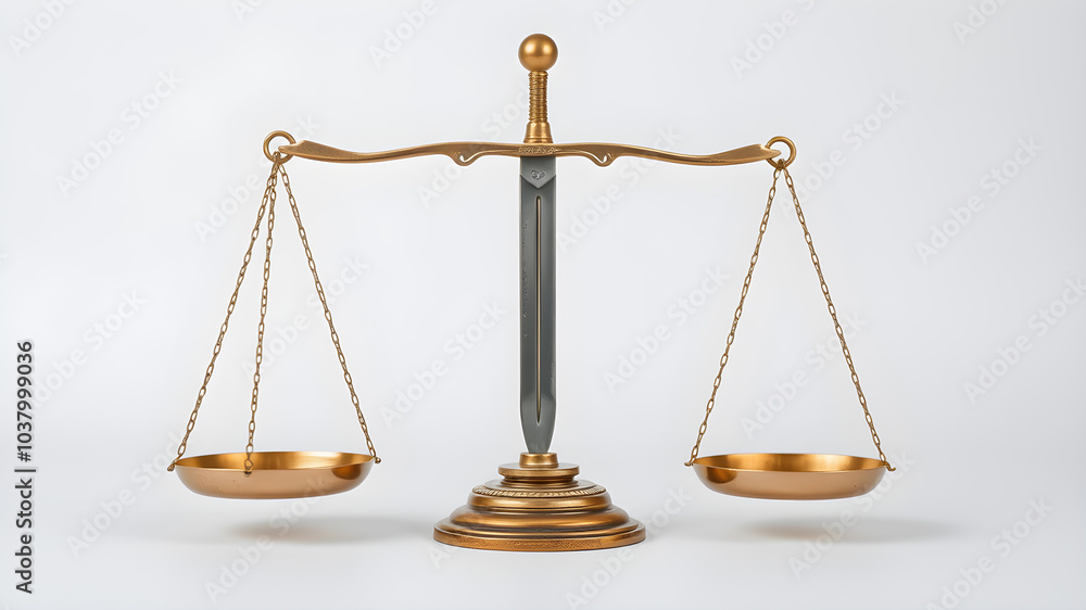 A brass balance scale with a sword in the middle with white background. Generative AI A brass balance scale with a sword in the middle with white background. Generative AI