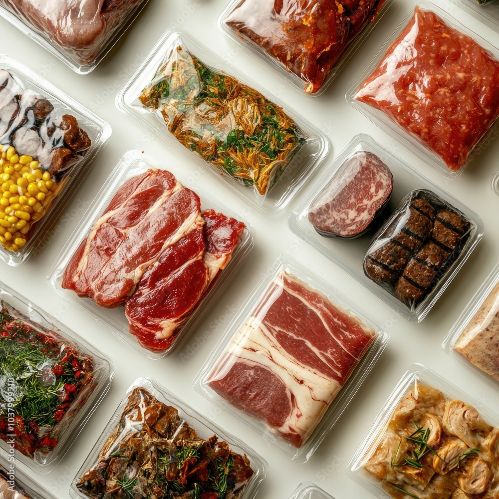 A variety of artificial meat alternatives in packaging, displayed in a top-down view to showcase product diversity A variety of artificial meat alternatives in packaging, displayed in a top-down view to showcase product diversity