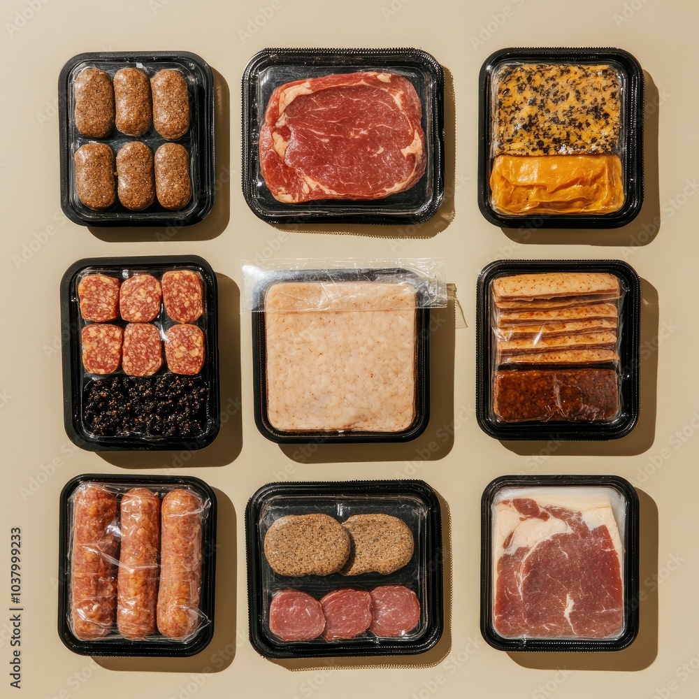 A variety of artificial meat alternatives in packaging, displayed in a top-down view to showcase product diversity A variety of artificial meat alternatives in packaging, displayed in a top-down view to showcase product diversity
