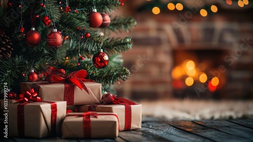 Bundle of wrapped gifts tied with festive ribbons and placed under a decorated Christmas tree