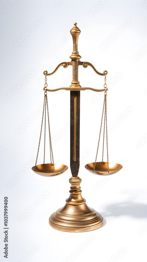 A brass balance scale with a sword in the middle with white background. Generative AI A brass balance scale with a sword in the middle with white background. Generative AI