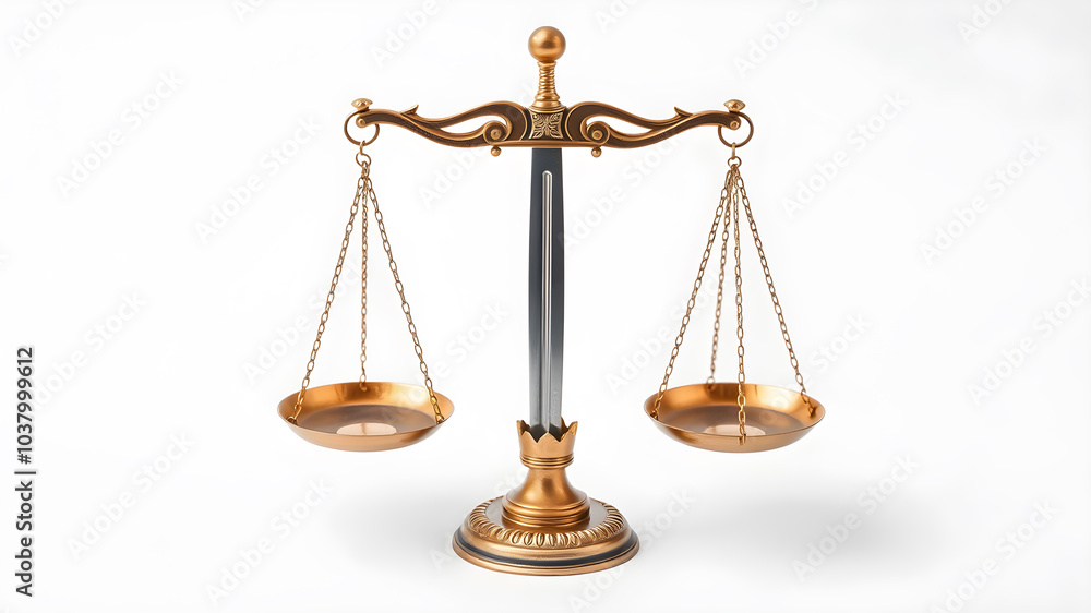 A brass balance scale with a sword in the middle with white background. Generative AI A brass balance scale with a sword in the middle with white background. Generative AI