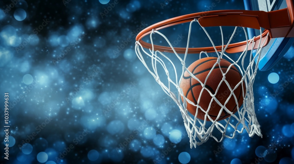 A basketball is about to enter a hoop against a blurred, colorful background. A basketball is about to enter a hoop against a blurred, colorful background.