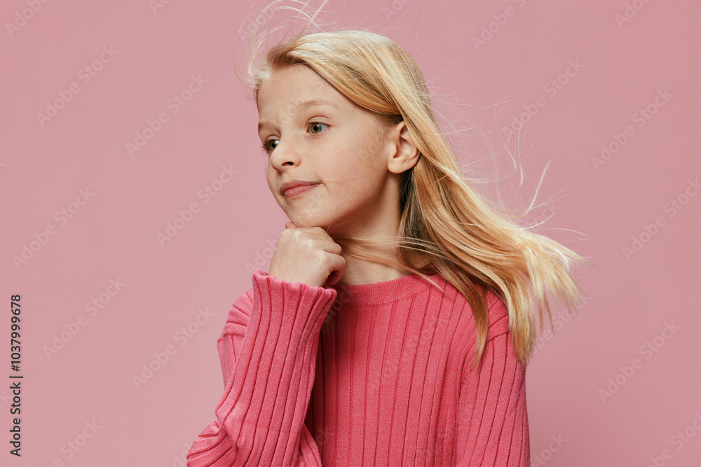 Happy schoolgirl with a stylish pink outfit and a big smile, posing in a studio Her expression is full of joy and excitement, reflecting her cheerful and funloving personality With a background of