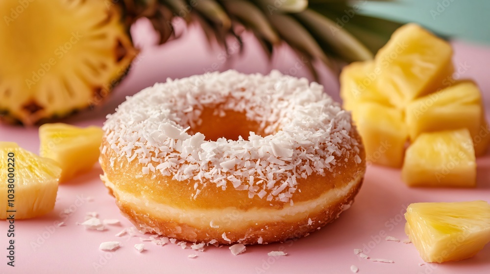 Pineapple and coconut donut, isolated on a pastel tropical backdrop with pineapple chunks and coconut flakes Pineapple and coconut donut, isolated on a pastel tropical backdrop with pineapple chunks and coconut flakes