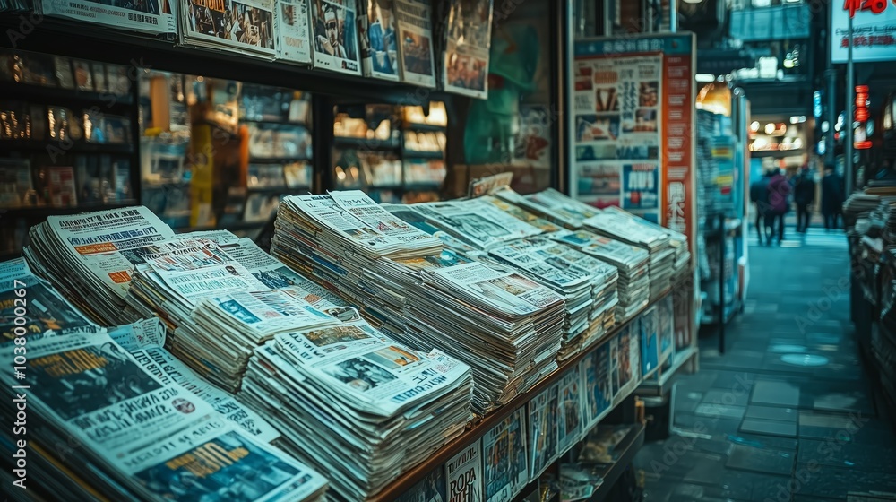 Busy Newsstand Overflowing with Headlines Busy Newsstand Overflowing with Headlines