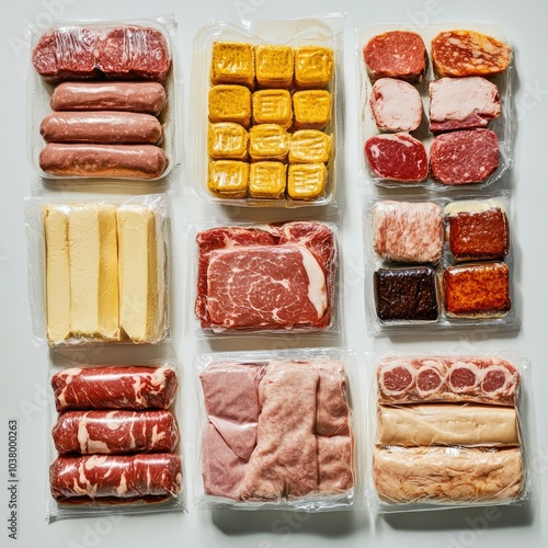 A variety of packaged artificial meats, arranged by size and shape in a top-down view, highlighting product diversity photo