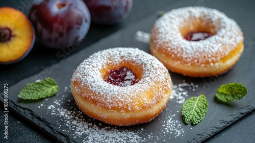 Plum jam-filled donut with powdered sugar topping, isolated on a slate board with halved plums and mint leaves