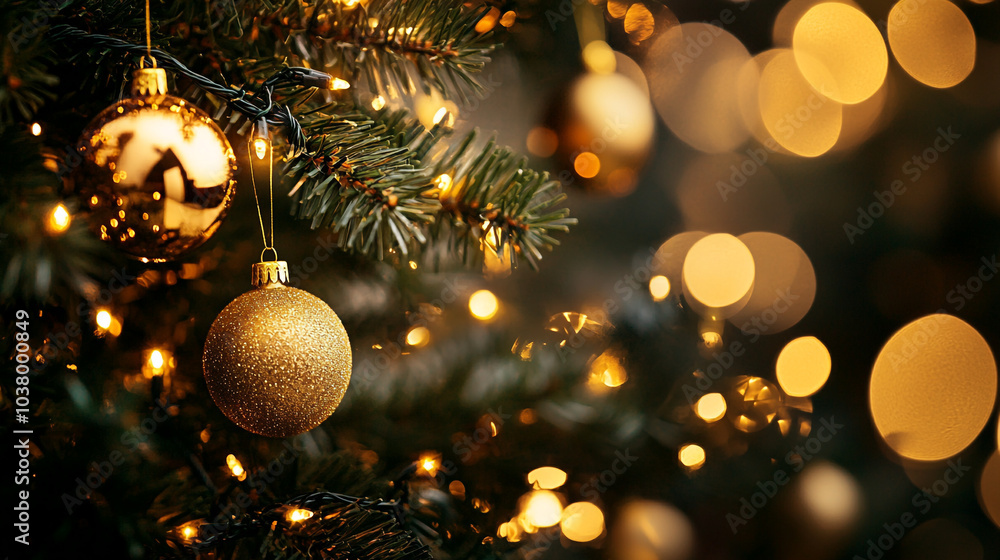 Golden ornaments and twinkling lights decorate a festive Christmas tree during the holiday season Golden ornaments and twinkling lights decorate a festive Christmas tree during the holiday season