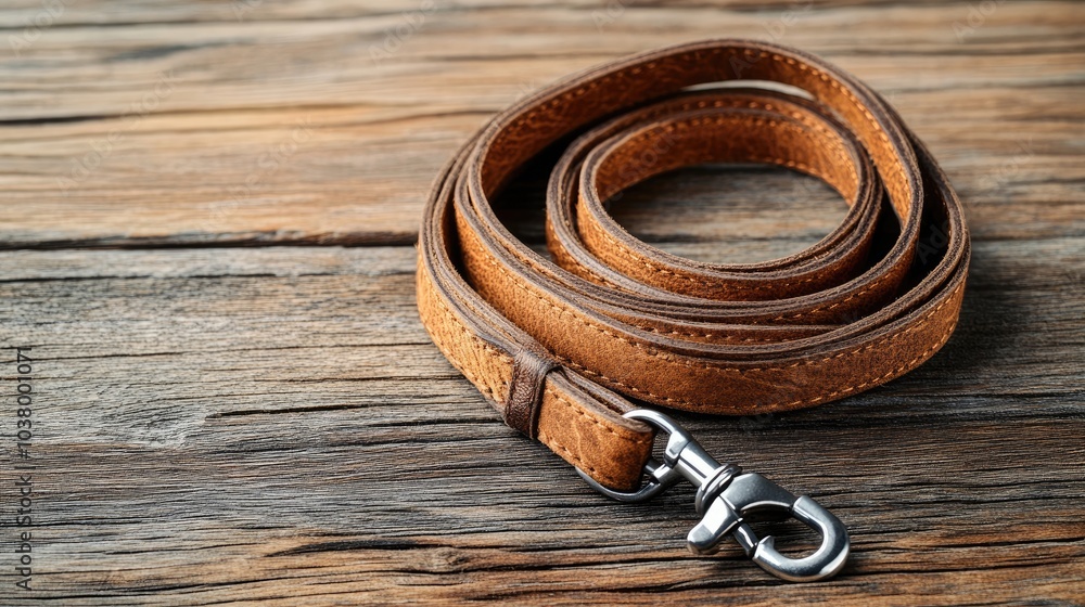 Leather Dog Leash on Wooden Surface Leather Dog Leash on Wooden Surface