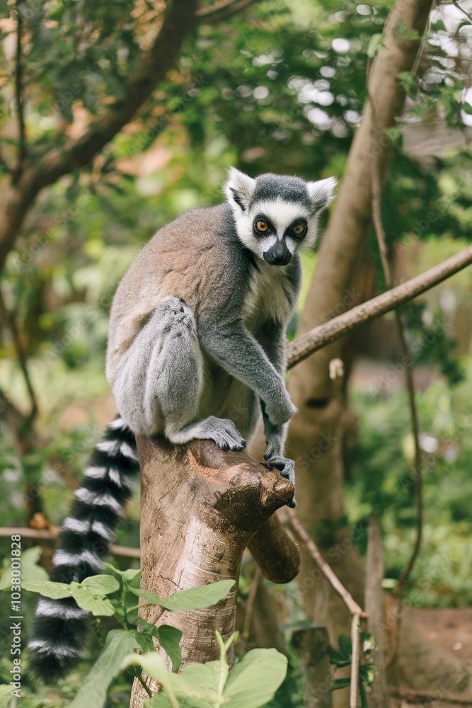 Obraz premium A gray lemur with large eyes and a long tail sitting on a tree branch in a lush green environment