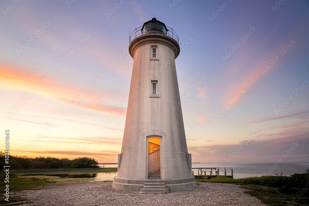 A lighthouse standing tall against a serene backdrop of a sunset A lighthouse standing tall against a serene backdrop of a sunset