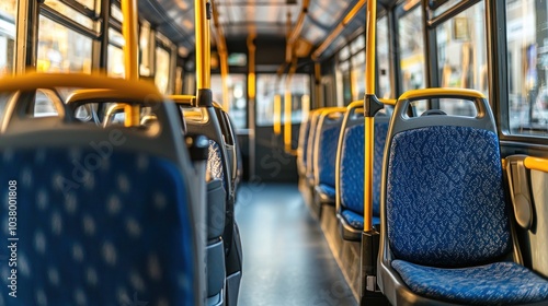Interior of a city bus with empty seats and a clean, organized layout