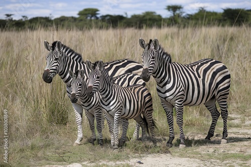 A group of zebras in a natural setting, possibly a savannah or grassland photo