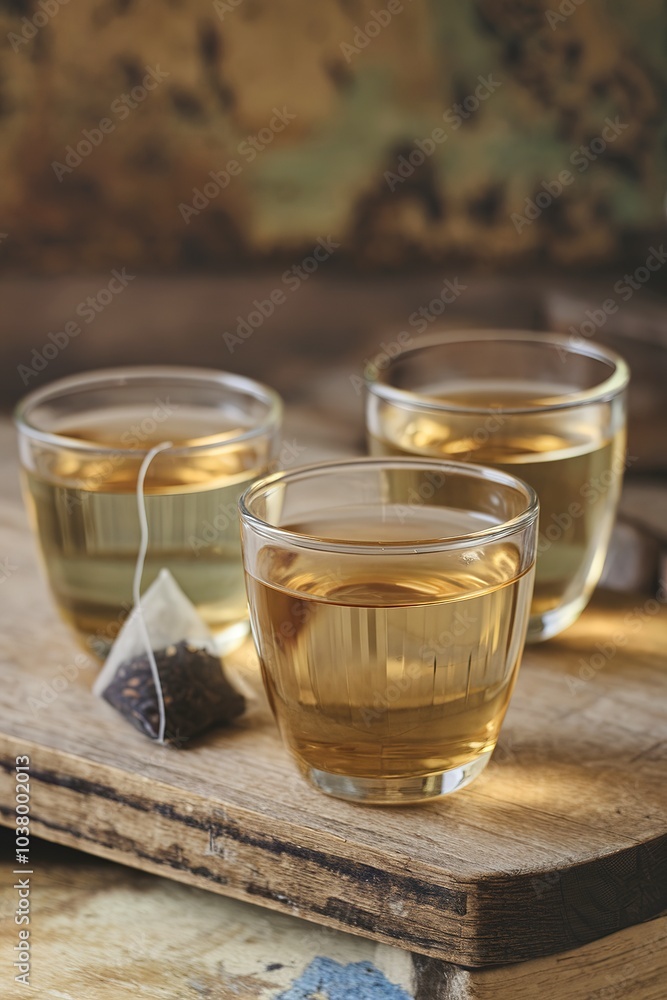 A rustic setting with three clear glasses filled with a tea A rustic setting with three clear glasses filled with a tea