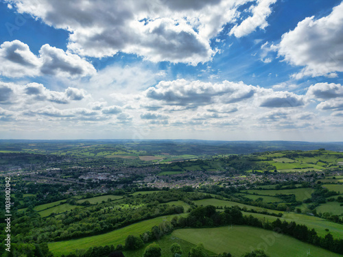 High Angle View of Historical Bath City of England United Kingdom During Partially Cloudy Day of May 27th, 2024, Aerial Footage Was Captured with Drone's Camera During Bright Sunny Day