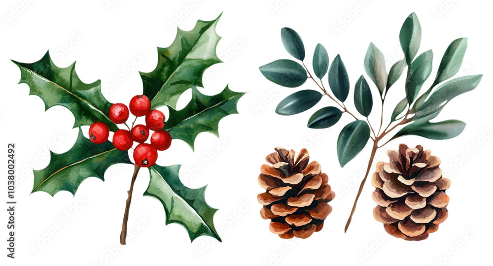 Obraz premium A vibrant illustration featuring holly branches with red berries and pine cones against a transparent background, perfect for holiday-themed designs and decorations.