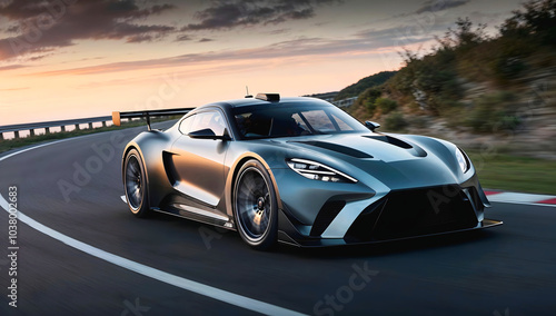 Obraz na płótnie Beautiful modern sport car driving fast on scenic road at sunset , automotive background, tuning template, auto transport w salonie