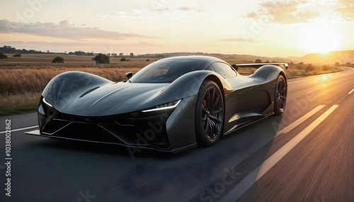 Obraz na płótnie Beautiful modern sport car driving fast on scenic road at sunset , automotive background, tuning template, auto transport w salonie