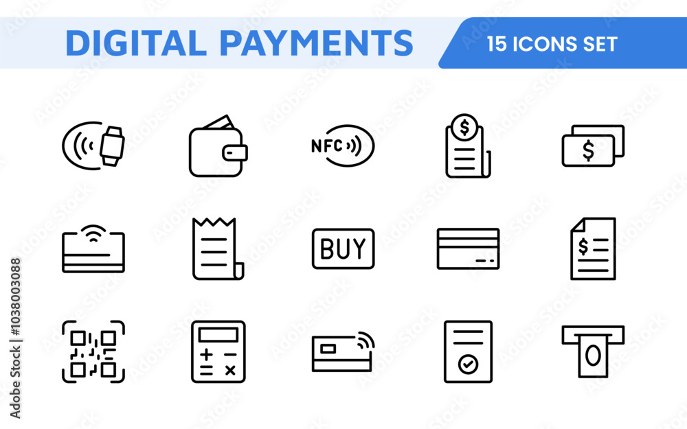 Digital Payments Icon Set. Sleek and modern icons for e-commerce, online transactions, and fintech apps, designed to enhance user interfaces and streamline payment processes. Digital Payments Icon Set. Sleek and modern icons for e-commerce, online transactions, and fintech apps, designed to enhance user interfaces and streamline payment processes.