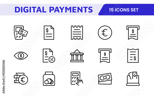 Digital Payments Icon Set. Sleek and modern icons for e-commerce, online transactions, and fintech apps, designed to enhance user interfaces and streamline payment processes.