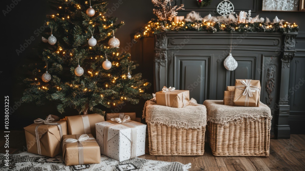 Obraz premium Elegant Christmas tree and wrapped gifts beside a dark fireplace in a cozy room.