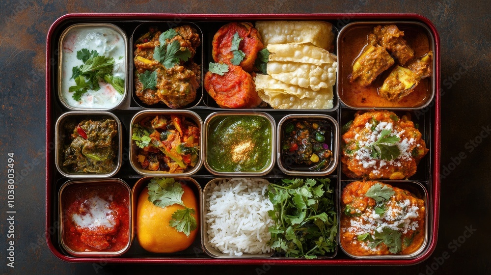 A vibrant traditional Indian lunchbox filled with various flavorful dishes, shot from above, showcasing rich spices and textures. A vibrant traditional Indian lunchbox filled with various flavorful dishes, shot from above, showcasing rich spices and textures.
