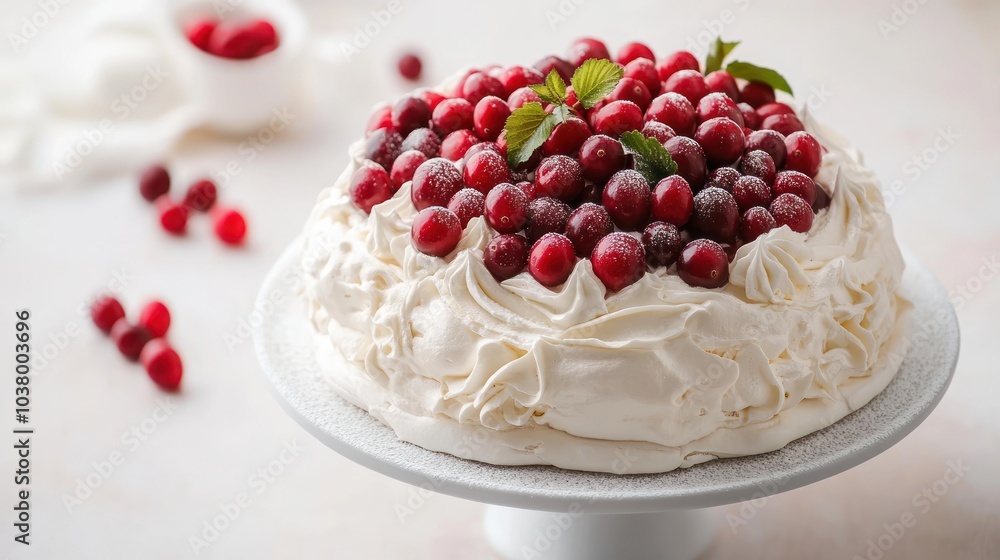 A beautiful pavlova dessert topped with fresh cranberries and mint leaves. A beautiful pavlova dessert topped with fresh cranberries and mint leaves.