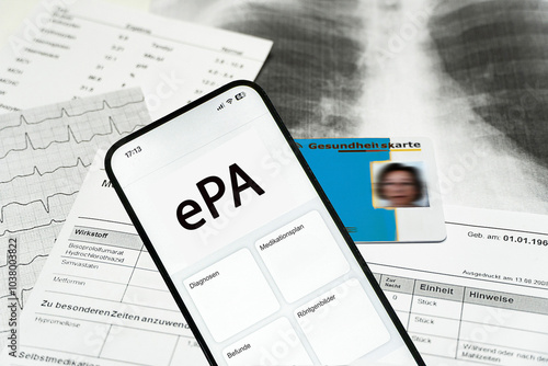 Ein Smartphone auf dem gerade eine elektronische Patientenakte angezeigt wird und eine elektronische Gesundheitskarte liegen auf medizinischen Dokumenten, horizontal