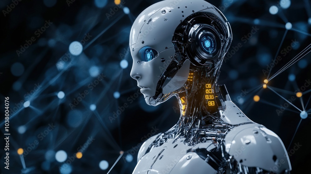Fototapeta premium Futuristic humanoid robot with glowing features against a digital backdrop.