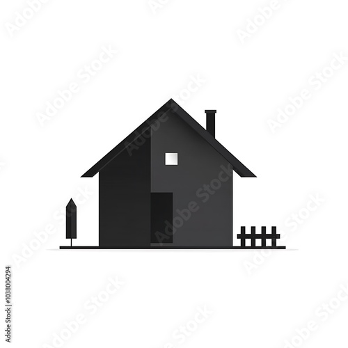 A minimalist black house illustration with a fence and tree.