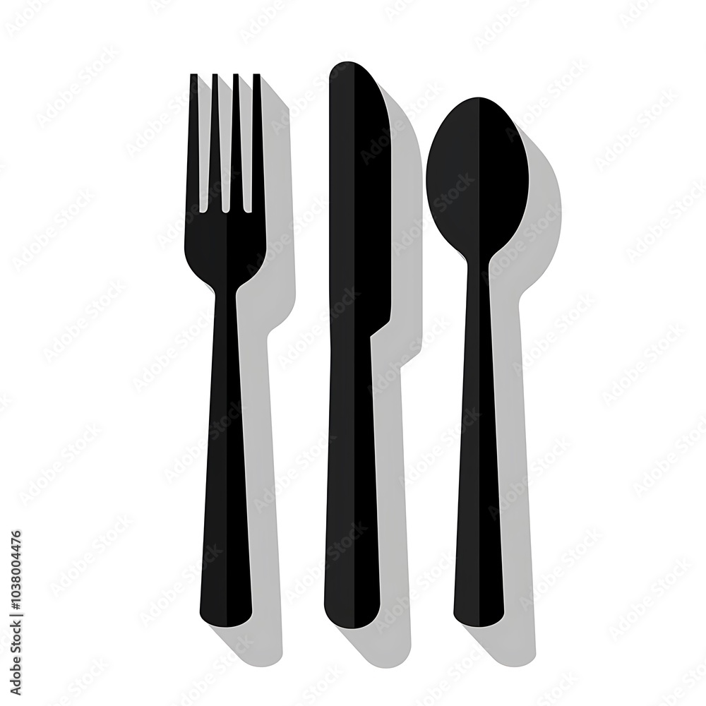 A black fork, knife, and spoon arranged together, representing dining utensils. A black fork, knife, and spoon arranged together, representing dining utensils.