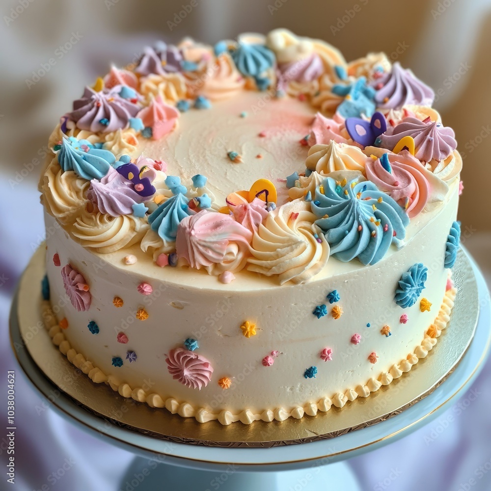A whimsical cake with pastel-colored frosting and fun decorations, perfect for a birthday or celebration A whimsical cake with pastel-colored frosting and fun decorations, perfect for a birthday or celebration