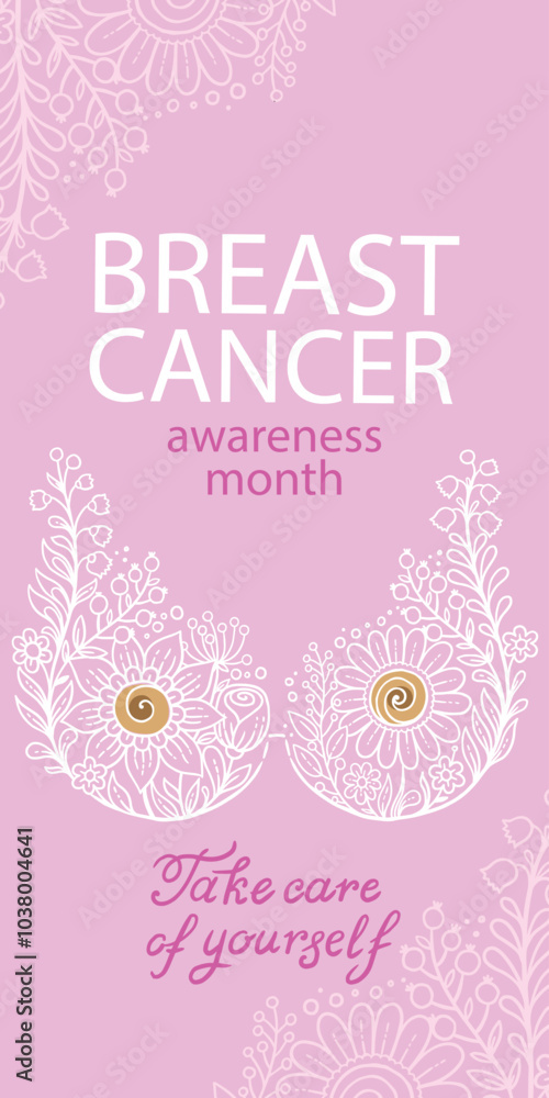 Fototapeta premium Hand drawn vector illustration. Floral lace bra and text breast cancer awareness month. Banner background, medical symbol in October