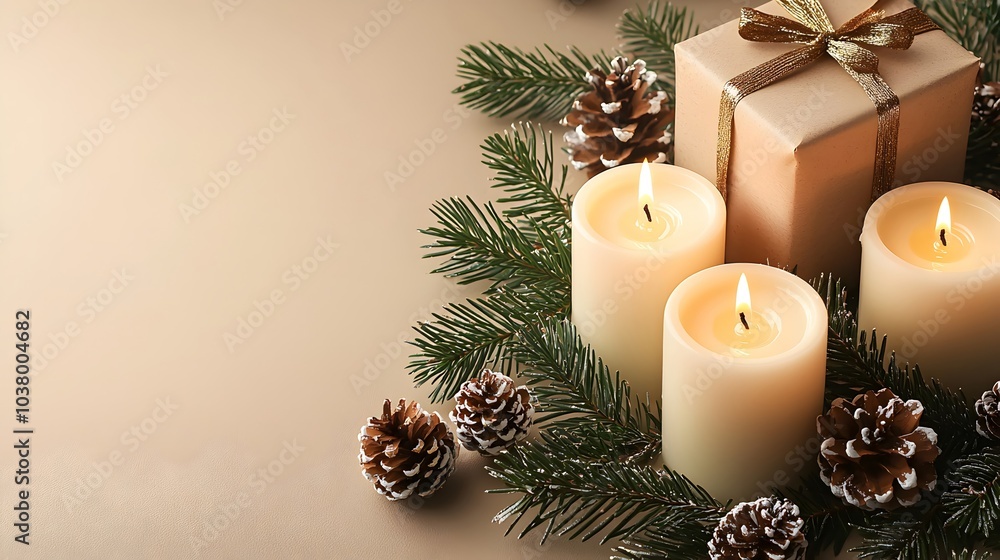 Tranquil Candle Scene with Pine Branches and Gift Tranquil Candle Scene with Pine Branches and Gift