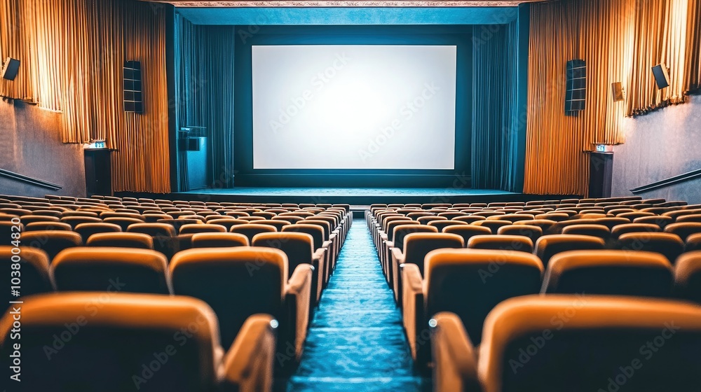 Fototapeta premium A wide auditorium showing empty rows of plush seats and a blank stage screen ready for projection.