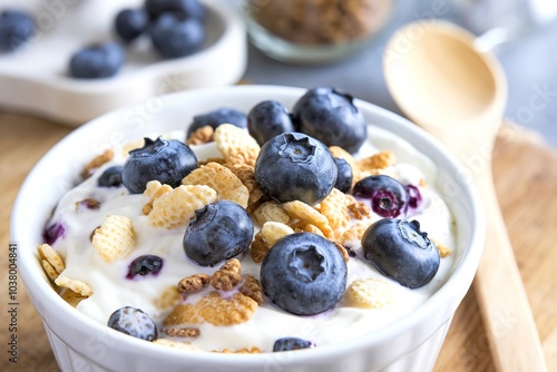 yogurt with cereals and blueberry in a white bowl