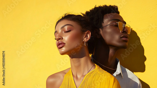 dark-skinned guy with girl close-up on yellow background