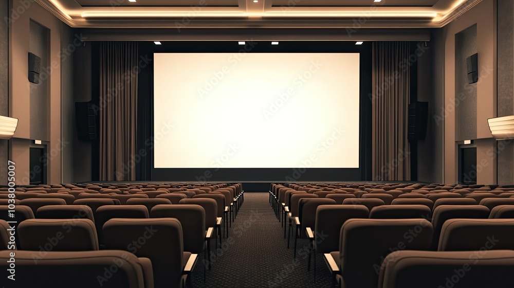 Fototapeta premium A wide view of an auditorium setup with multiple rows of plush chairs facing a blank stage screen.
