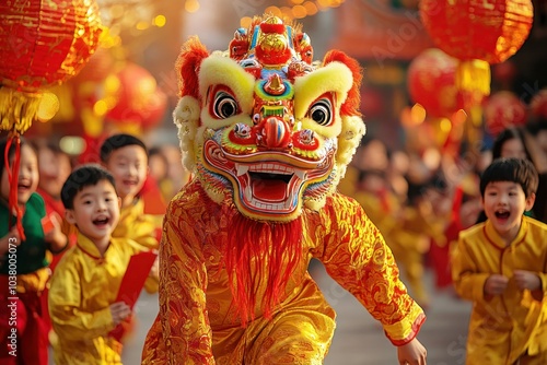 Colorful Lion Dance Performance During Chinese New Year Celebration in Ancient City Streets with Crowds of Joyful Children