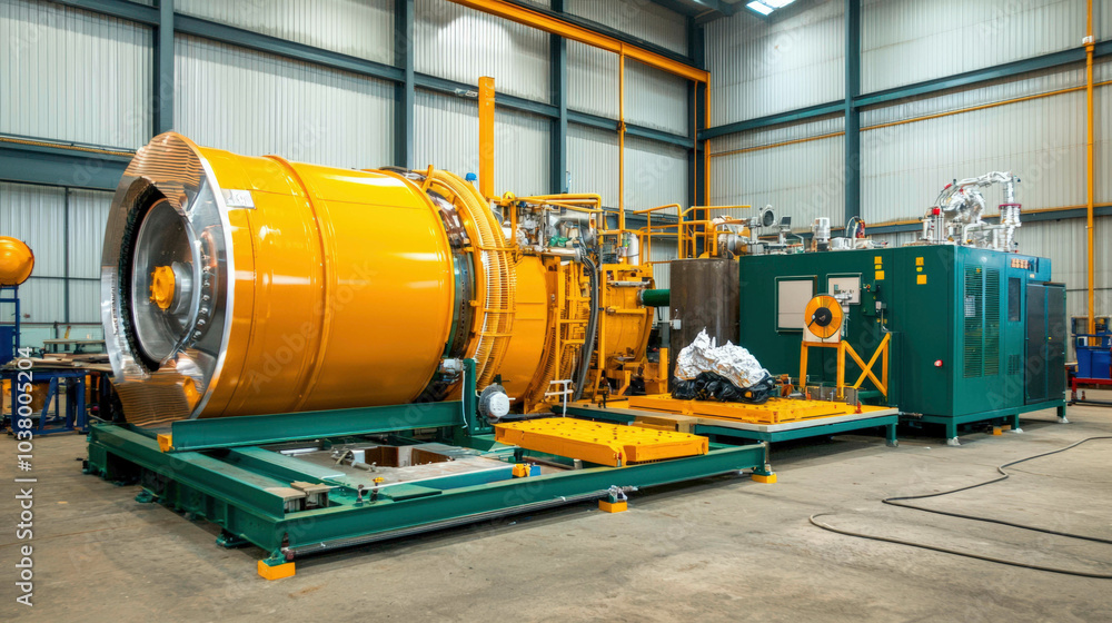 A large, yellow turbine engine is displayed in a workshop, surrounded by equipment and machinery, highlighting industrial engineering and technology. A large, yellow turbine engine is displayed in a workshop, surrounded by equipment and machinery, highlighting industrial engineering and technology.