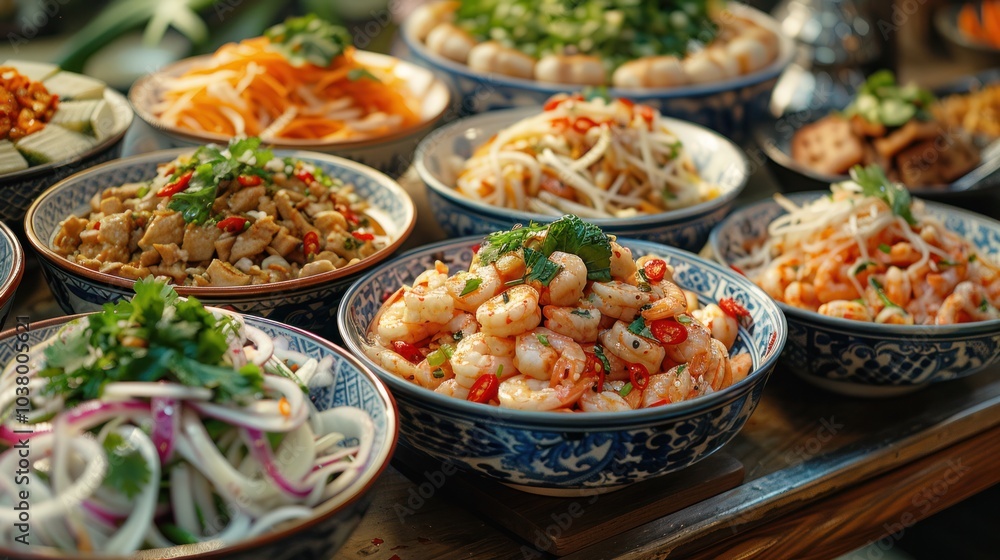 A variety of Thai dishes are arranged neatly and delicately on beautifully patterned plates. A variety of Thai dishes are arranged neatly and delicately on beautifully patterned plates.