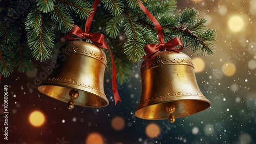 Hanging golden bells with a joyful mood and red bows under pine branches on a snowy background