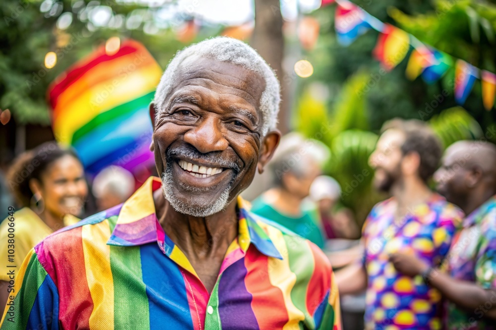 Obraz premium A man in a rainbow shirt is smiling and looking at the camera