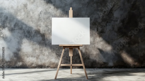 Blank Canvas on Easel:  A pristine white canvas, set against a backdrop of textured concrete, stands ready for artistic creation. The canvas, mounted on a simple wooden easel. photo